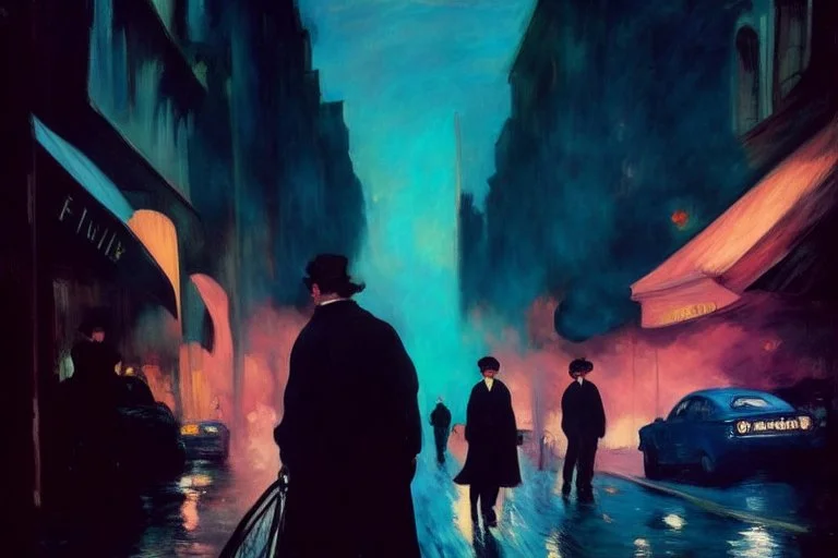 cars, city, steet, city lights, people, mist, edouard manet and frederic bazille painting