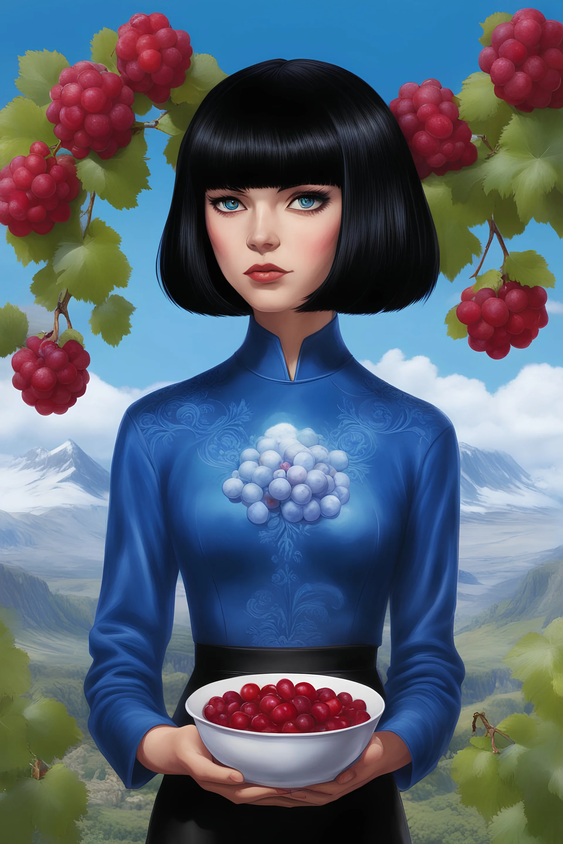 full body - Horror of the Planet of the Grapes - black hair, Deep Blue Eyes - head and shoulders portrait - Lenna, part grape, part human, short, bowl-cut, straight black hair, the bangs cut straight across the forehead, she resembles a grape from the Planet of the grapes, and she resembles Spock - Mountains, blue skies, clouds, red roses, blue roses, yellow roses, honeysuckle roses, carnations, lilacs, professional quality, 32k, UHD, glossy, 1080p, Extremely high resolution Digital photograph