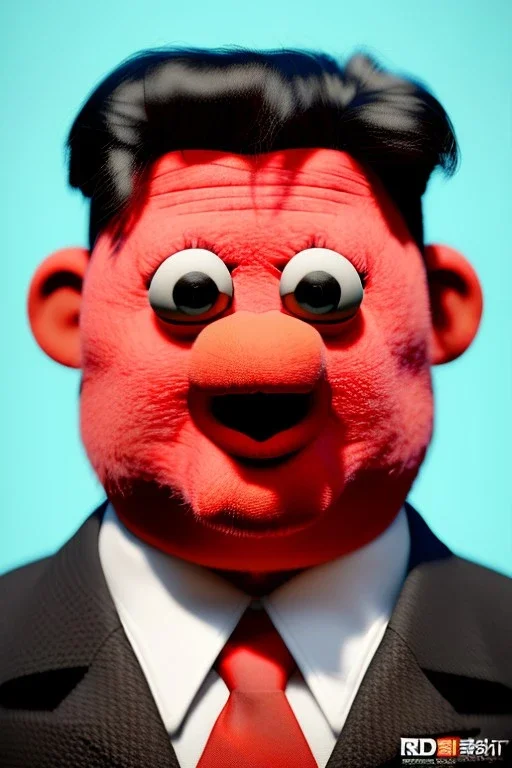 Waist up muppet Portrait, Kim Jong-un muppet doll, black suit, photo studio, red background, unreal engine 5, concept art, art station, god lights, ray tracing, RTX, lumen lighting, ultra detail, volumetric lighting, 3d.