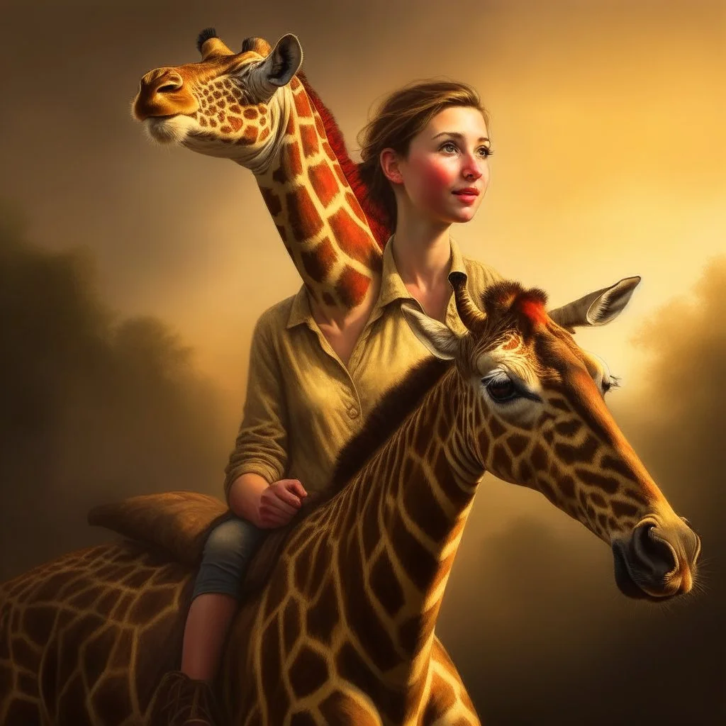 women riding a giraffe, 8k, downlight, soft light, depth of field, photorealism, trending on art station, lotsa detail