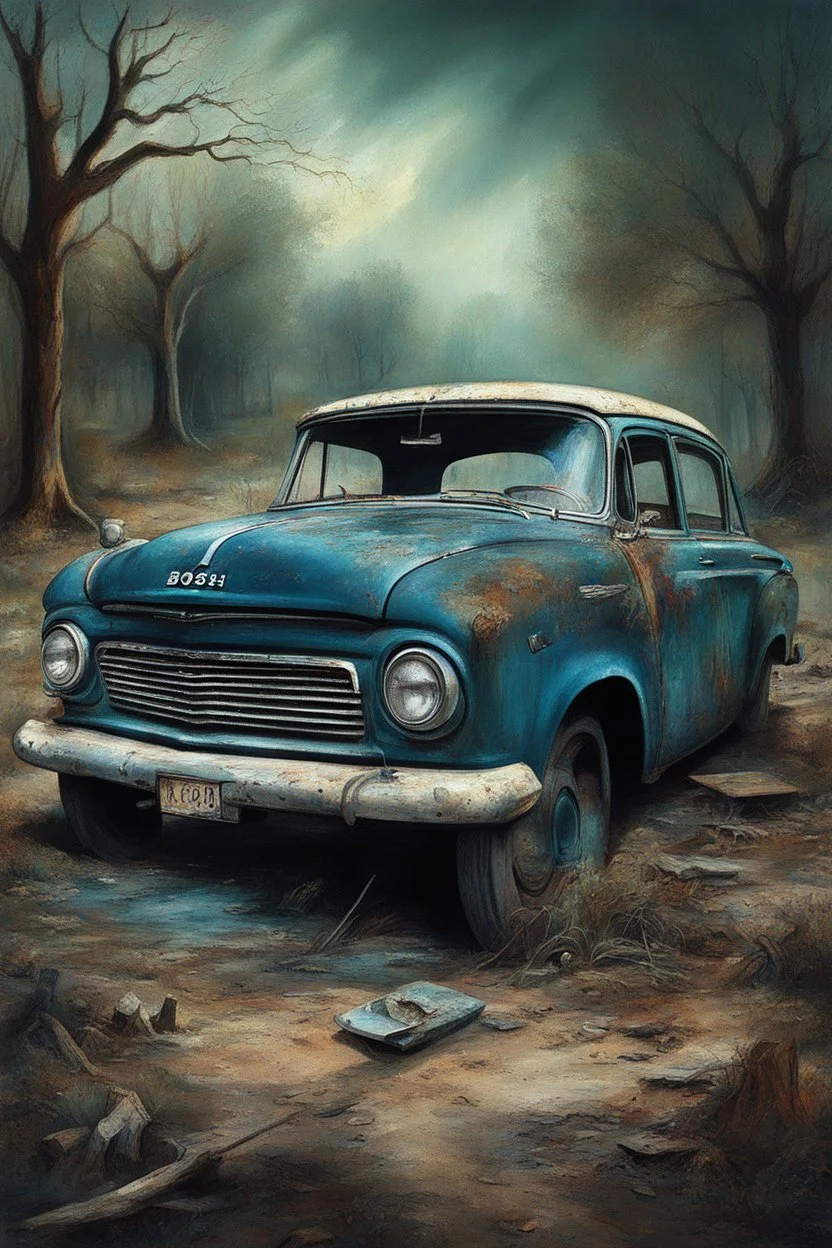 Bosch painting style nightmare , an old abandoned 1960 black ford car