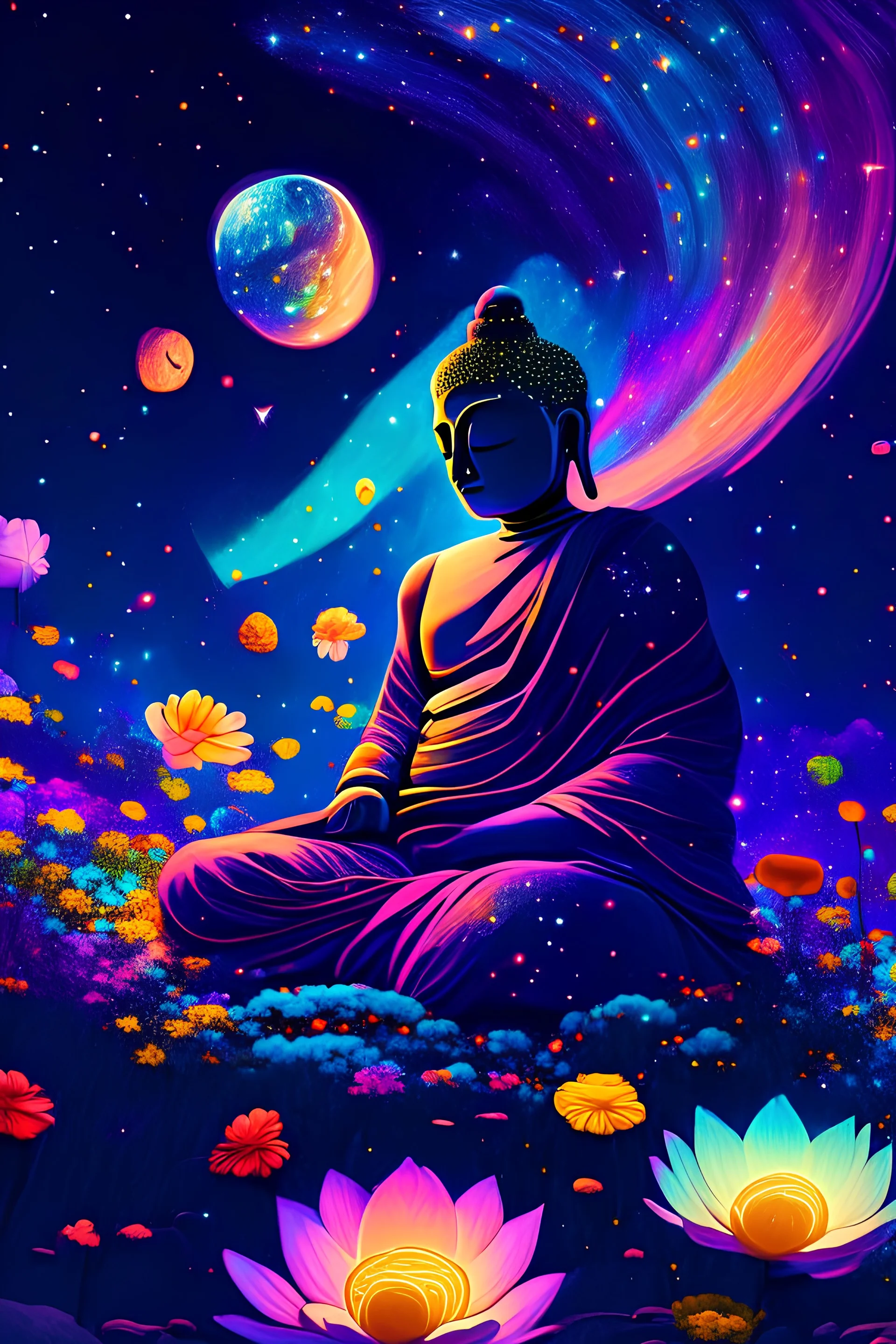 Photorealistic buddah, vibrant colors everywhere, sitting on a bed of flowers in space, meditating with closed eyes night sky with a view of stars and planets behind him, illustration, highly detailed, simple, smooth and clean, vibrant colors, smooth, artstation