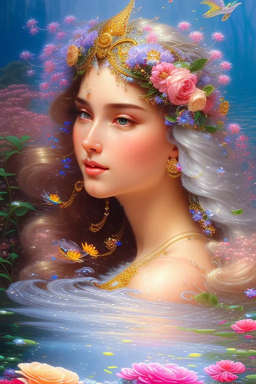 Sharp detailed backdrop and scenery lisa frank portrait of a beautiful mysterious woman surrounded in water and flowing flowers, drenched clothing, wet dripping long silver hair, emerging from the water, fantasy, regal, intricate, by stanley artgerm lau, greg rutkowski, thomas kinkade, alphonse mucha, loish, norman rockwell, mystical purple pink tones blue eyes pear