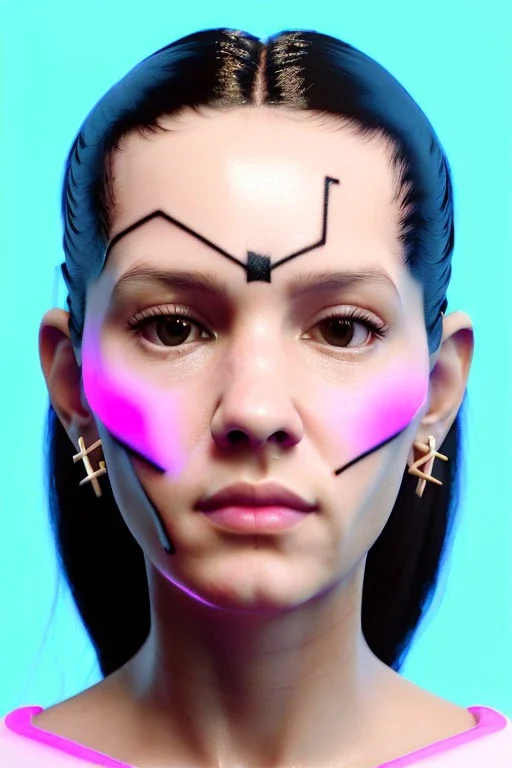 Ultra Realistic image, Rosalía artist, 40 years old, portrait, normal complexion, natural small busty, traditional little tattoo, two bows, little chopsticks hair ,black eye long liner, latex t-shirt and inflatable coat, gold pink and blue style, spray line glow make up, geometric led jewelry, fog, hot, inflatable style latex coat, vibrant color, highly detailed, art stations, concept art, smooth, unreal engine 5, god rays, ray tracing, RTX, lumen lighting, ultra detail, volumetric lighting.