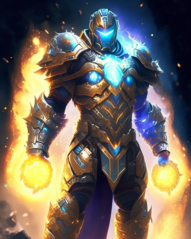 An armor made of a mixture of steel and leather, worn by a strong commander with magical power K's infinity gauntlet has six infinity stones While standing on a majestic height from afar A flaming-eyed commander with flaming light blue pupils stands atop a squire