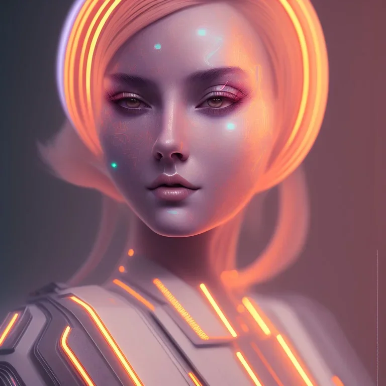 A beautiful portrait of a cute cyberpunk woman facing camera orange color scheme, high key lighting, volumetric light high details with white stripes and feathers