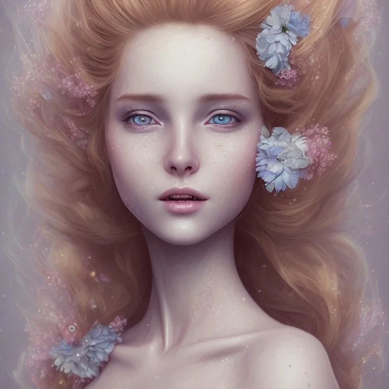 fairy style, head, women, portrai,long hair sketch of a girl on lined paperA beautiful one nude body of a make up smiling woman blond long hair, alone, high key lighting, volumetric light high details with white stripes and blue eye, smiling with plump pink lips, flowers around, unreal engine petit prince belle fine, profil de trois quart, grand front cosmique, peau bleu cristalline, yeux bleu, perle sur le front long cheveux blond et rose etoilé, cristaux sur le corps, collier de grande prince