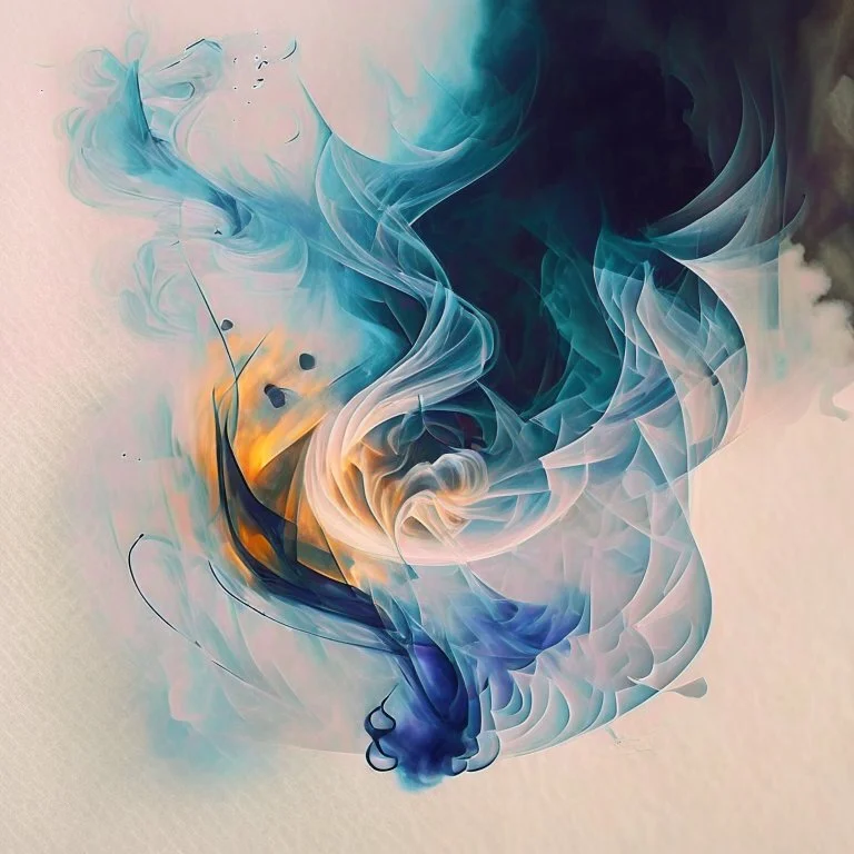 Create an asymmetrical composition where smoke swirls around a central focal point formed by a lit joint. watercolour sketch