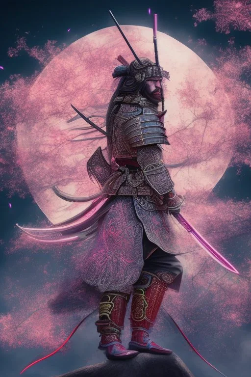 Mystical samurai emitting an aura with a long, neon sword emitting an aura