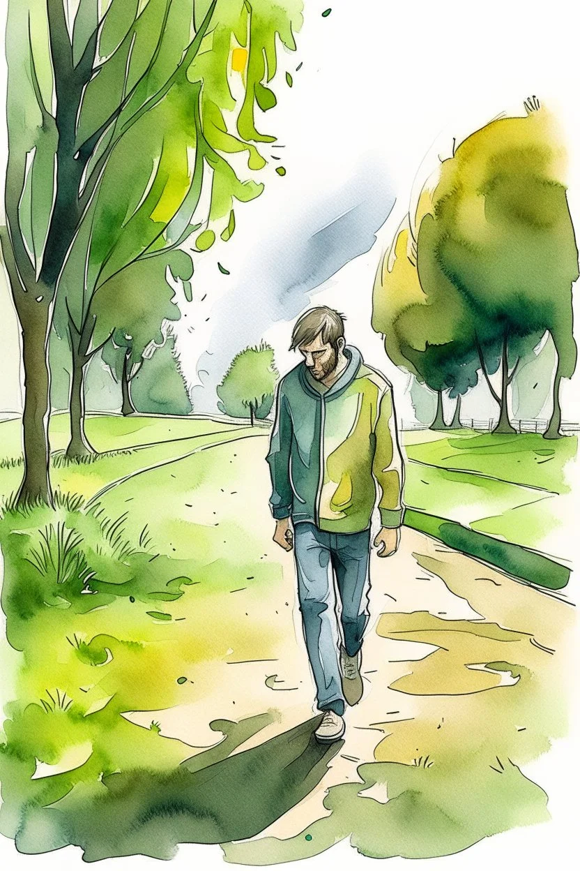 Watercolored crying man walking in a park