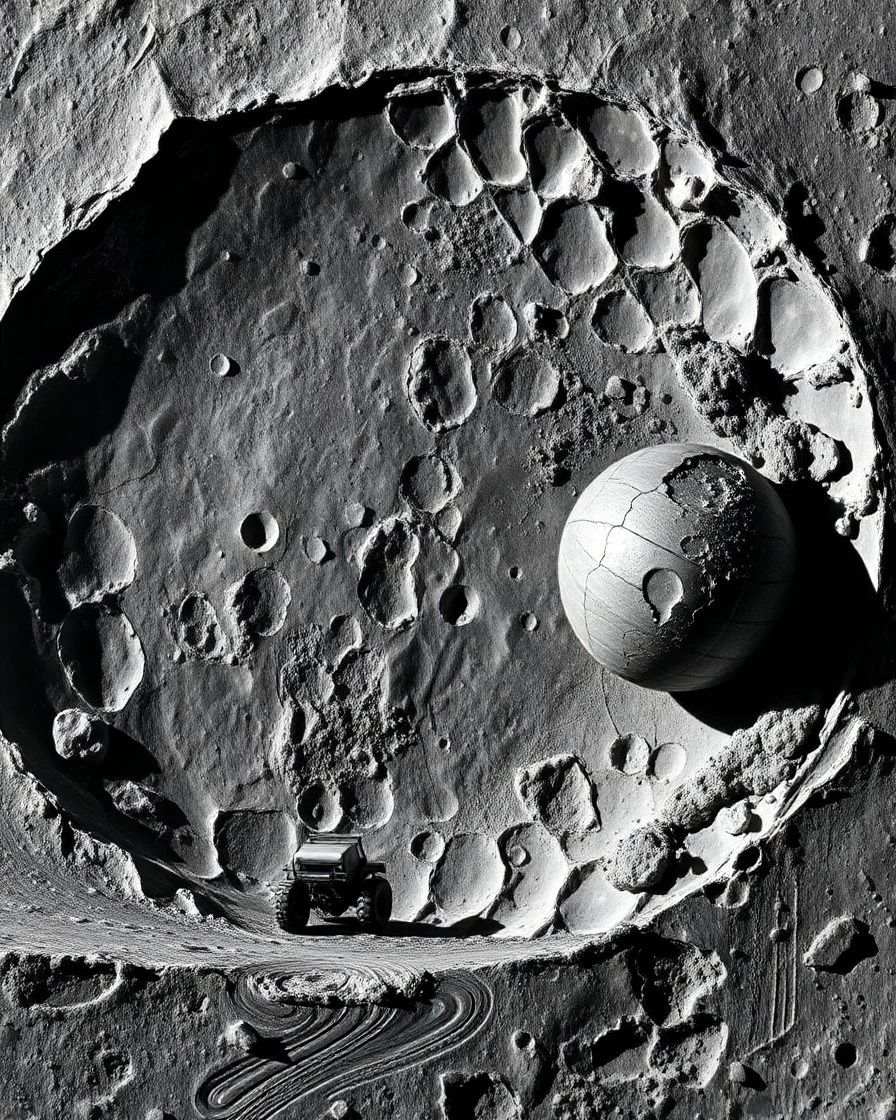 High-altitude lunar reconnaissance satellite image of a young impact crater with larger regolith along right ride. A damaged metallic alien sphere with fracture lines like an egg. organic growth across regolith and up crater walls. Along the lower frame edge a small modern bare-bones lunar-vehicle sits near the rim with visible wheel tracks. comic pencils