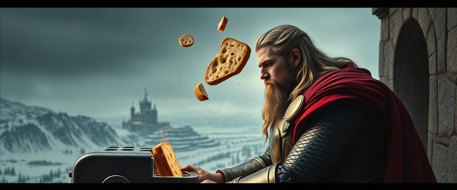 Movie poster portrait. The mighty God Thor sees the toaster spit out one slice in his face. The bread is jumping over his head. In the style of Rembrandt and "Gods of Fallout 4". He is sitting on the balcony of his castle, with a great view over the frozen valley. He is trying to grab the bread quickly. "Fali' ja." Dark edge border with runes and dragons.
