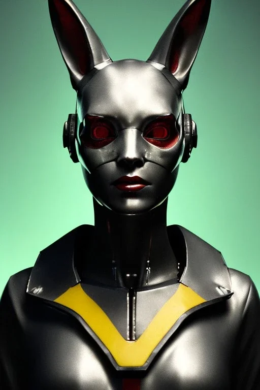 Medium Close Up Portrait, Front image. cyberpunk, rabbit mask, german woman, white short hair. latex, titanium suit. Yellow, black, red, color. Star Wars style. Color background, photo studio. Avatar image, highly detailed, concept art, smooth, unreal engine 5, god rays, ray tracing, RTX, lumen lighting, ultra detail, volumetric lighting, 3d, finely drawn, high definition, high resolution.