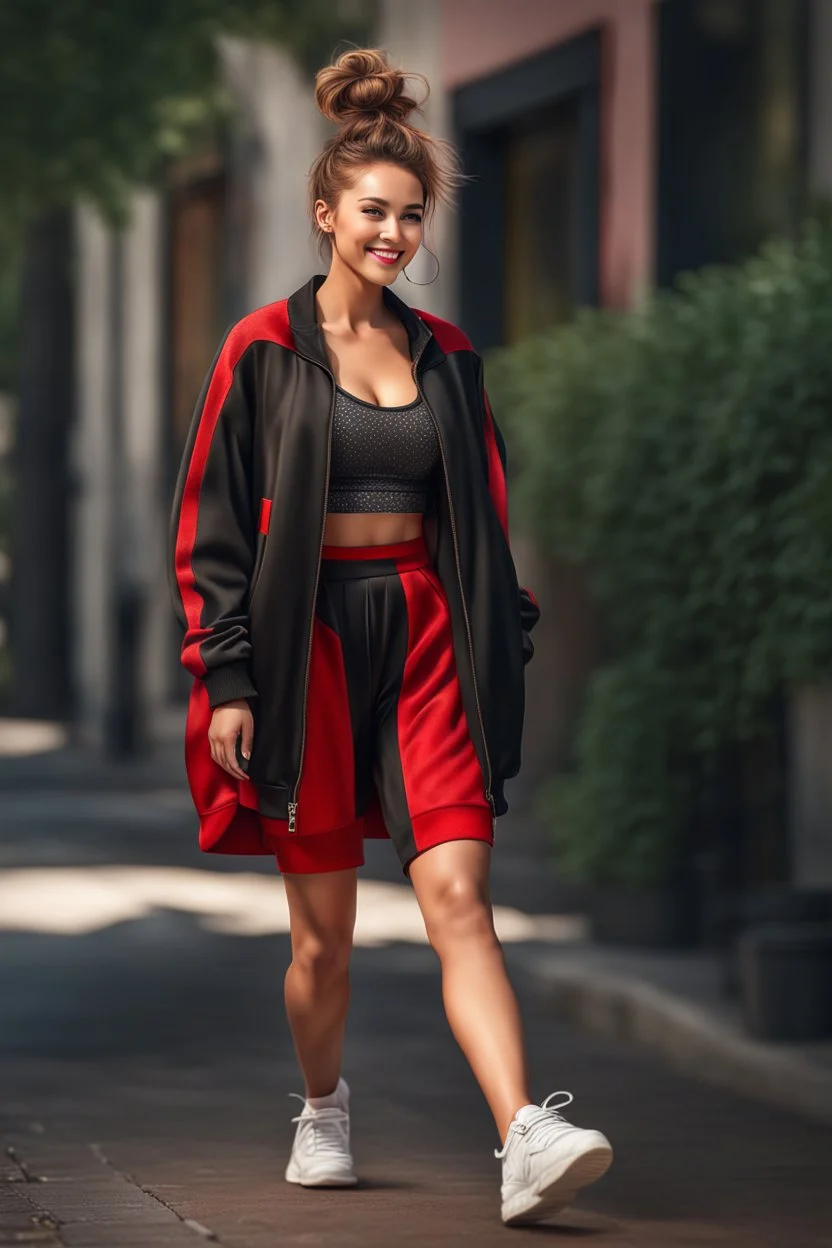 full body ,young woman with clear eyes, messy bun hair, bouncing looking back, soft velvet red/black two piece printed outfit, morning sun, cute, full body, ultra realistic, a variety of small details in the background, hyper realistic, surprised, sweet smile, 8k, HDR, 500px, by Koos Roos