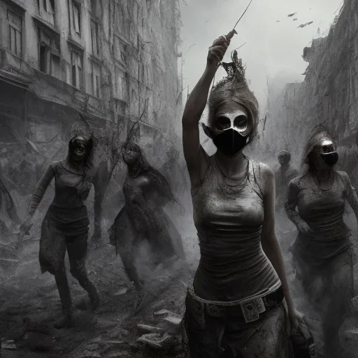 women, faces covered in black masks, ragged clothes, holding flag, war-torn, destroyed city in the background, 8k resolution, hyperrealistic, detailed matte painting, b&w, dynamic lighting, war, anarchy, terrorists, revolution, fine-detail, high-quality