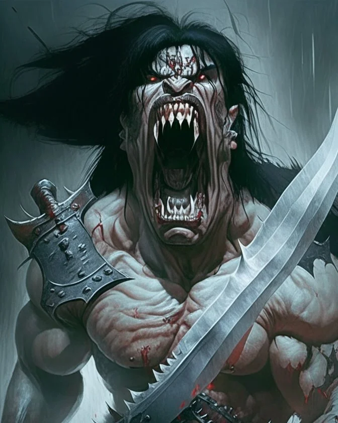 screaming scary human berserker meaty black hair big greatsword