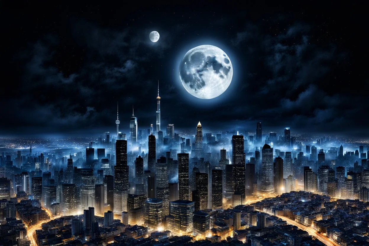 one big mystic full moon over the city, dark night, high detailied , high realistic, high qulity, stunning, perfect photo