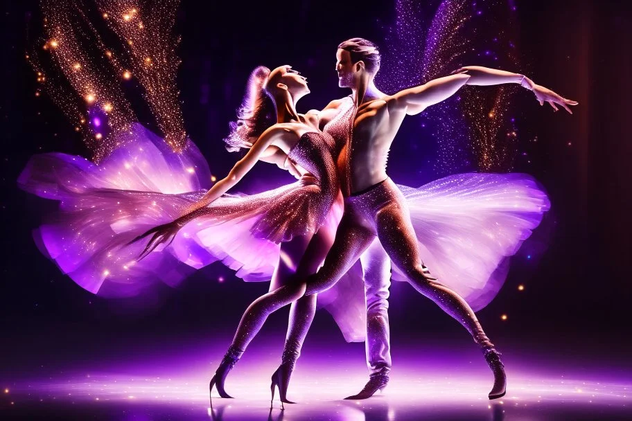 very beautiful a ballet male and female dancers couple in very pretty clothing dancing ,hyper realistic ,disco lights,very luxury dance stage ,with nice light sources and devices in stage, close up,full body show