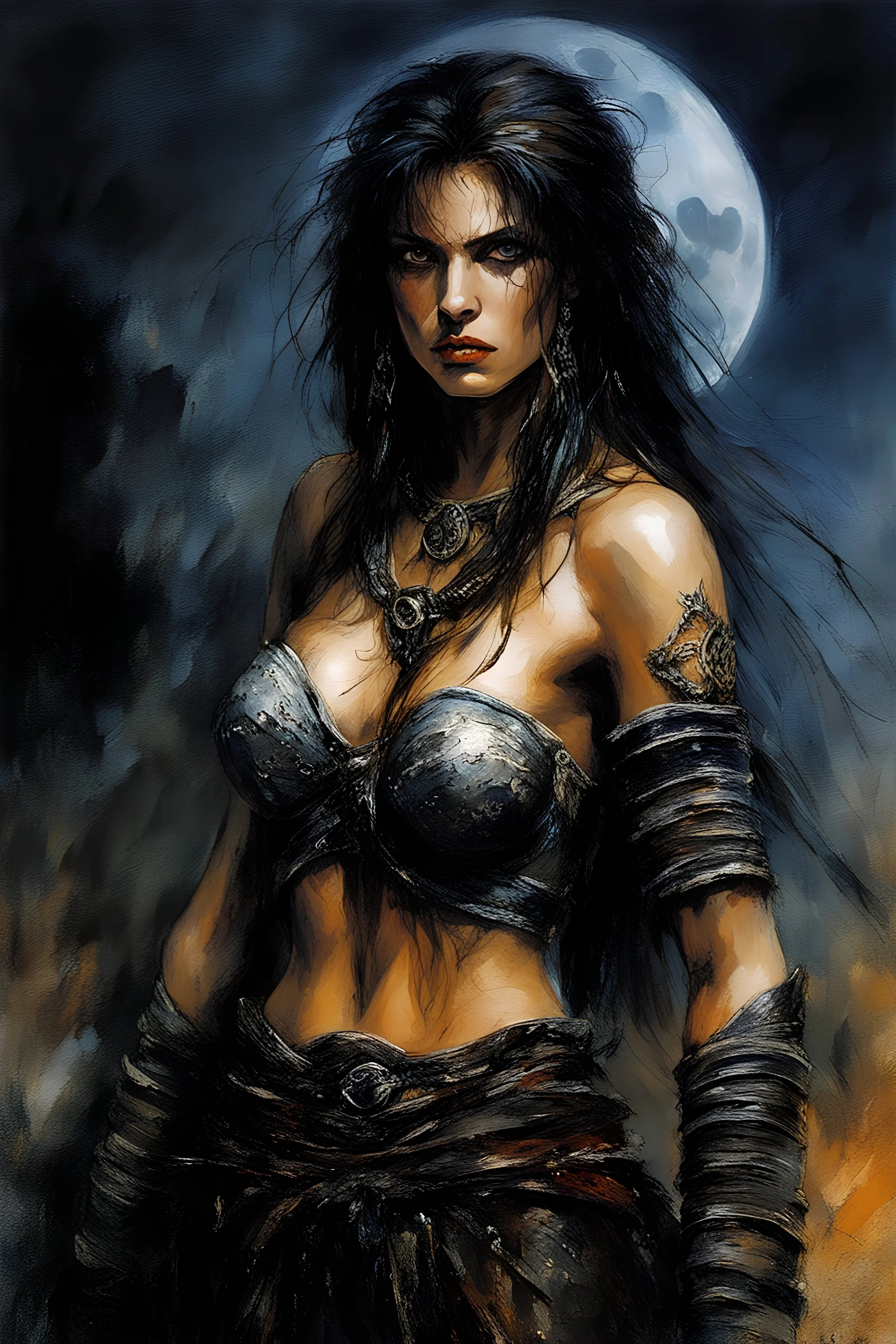 A stern warrior woman, against a rock background, night, moon, darkness, something terrible behind, harsh tones, cold colors, by Luis Royo & Leonid Afremov