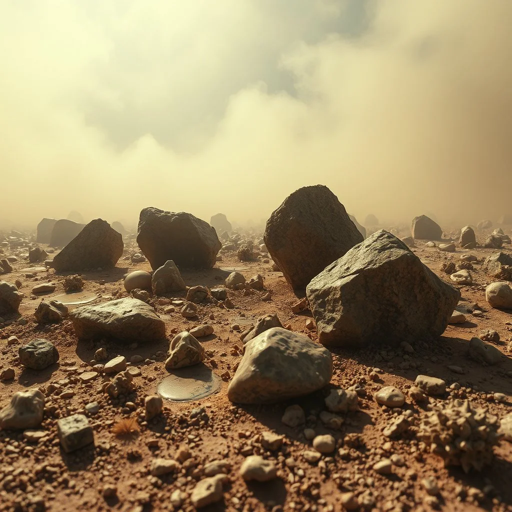 A striking quality photograph captures a wasteland with odd stones, liquids, reptile, spooky, creepy, details of the dust very accentuated, glossy, organic, adorned with minerals and rocks, fog. Bathed in intense light, eerie, Max Ernst style, black sun, fog