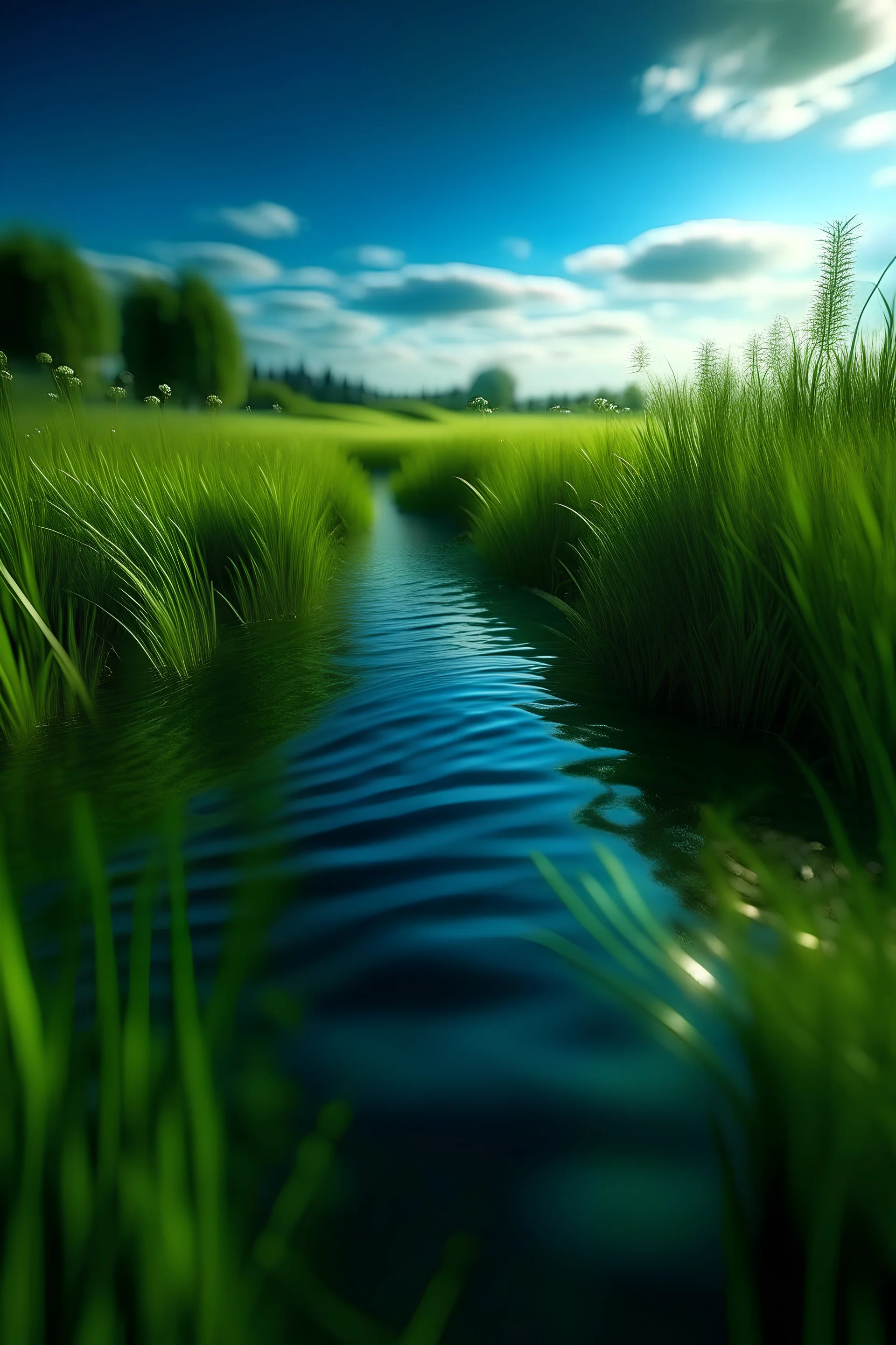 Before the greenhouse effect, the sky was blue, the sea was blue, the river was clear, there were small fish in the river, and there were green grassland beside the river.Surreal, intricate details, wonderful craftsmanship, depth of field, sharp focus, unique art, 8k, mysterious