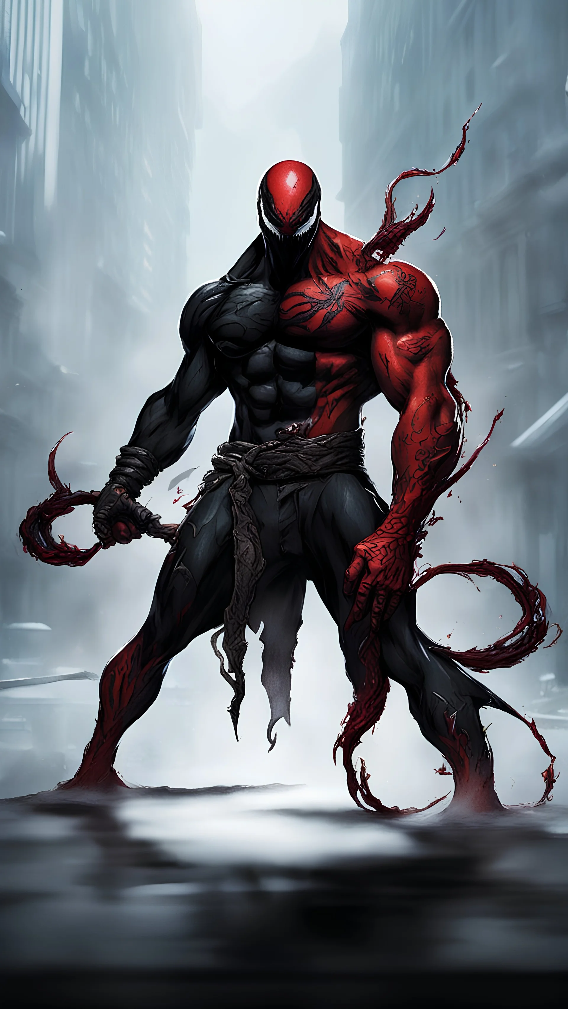 A close picture of Venom symbiote with kratos red tattoos and Clothes, holding blade of choice