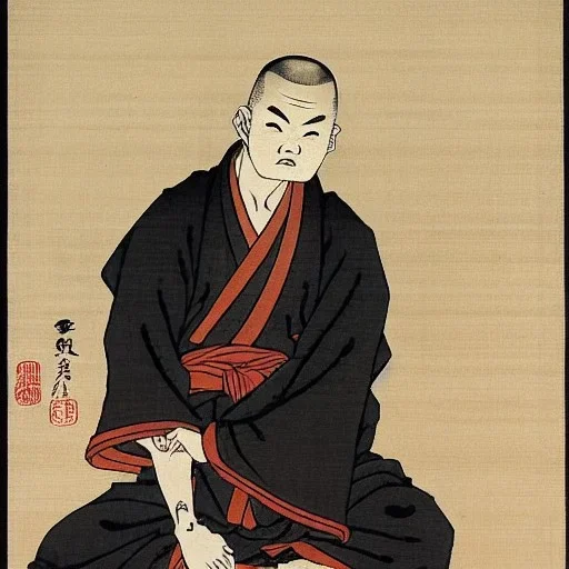 Portrait d'un jeune moine Shaolin, sombre, réaliste, très détaillé, par Hokusai.