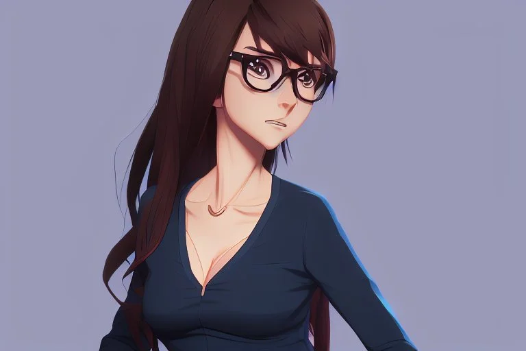 full body of a brown haired anime manga pregnant girl in dark blue dress with eyeglasses