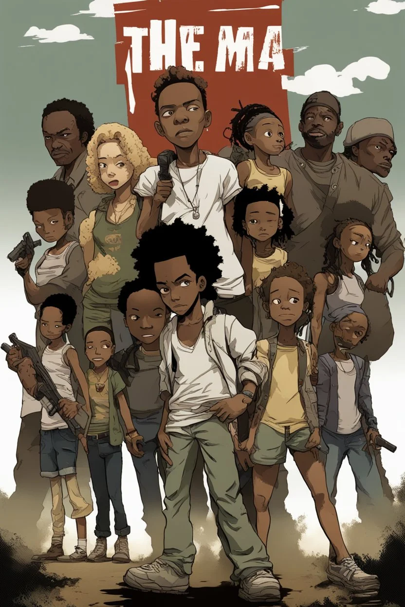 Give me the art-style of the boondocks with a poster of the main cast from TWD Series.