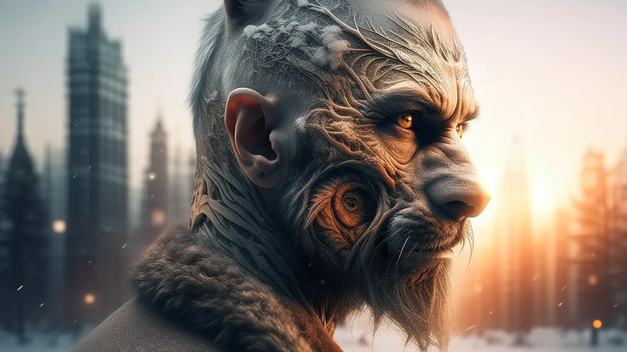 Double exposure, Wolfman, photorealism, man, city, sunset, snow, rain, fantasy, mystical, tattoo, vertical pupils, high detail, high resolution, 8K