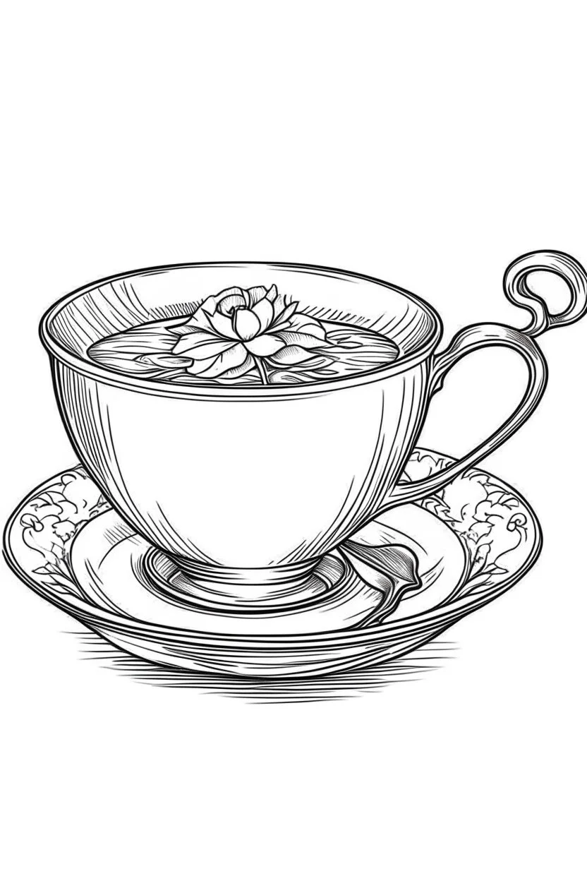 Outline art for coloring page, TEACUP PLACE SETTING WITH SPOONS, coloring page, white background, Sketch style, only use outline, clean line art, white background, no shadows, no shading, no color, clear