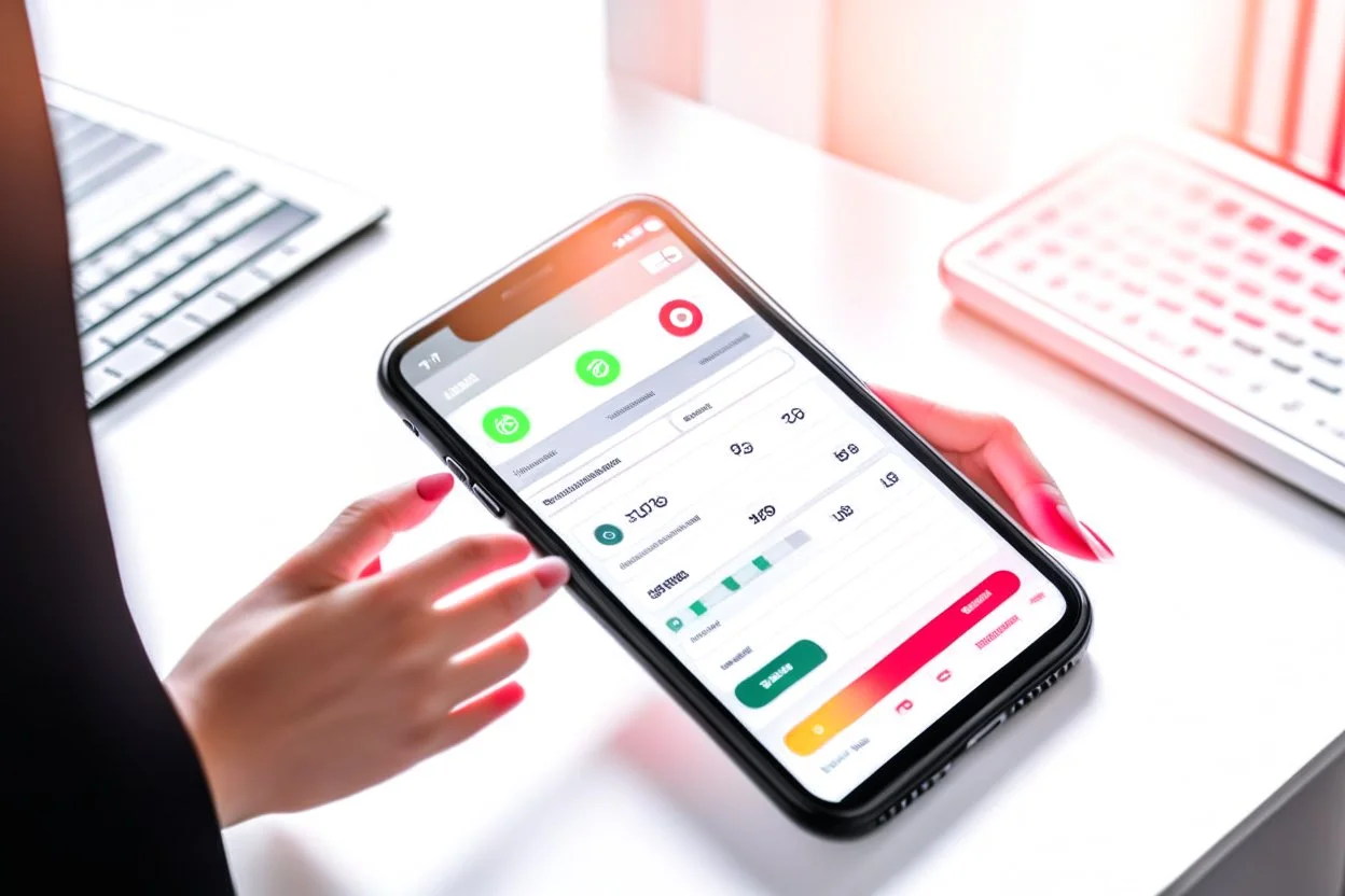The photo depicts a person using a smart app on their smartphone to organize their tasks and appointments in an organized and efficient manner. The modern photography shows the attractive design of the app that helps the user manage their daily life and achieve their goals. The photo points to the importance of leveraging technology and smart tools in personal organization and facilitating one's life.