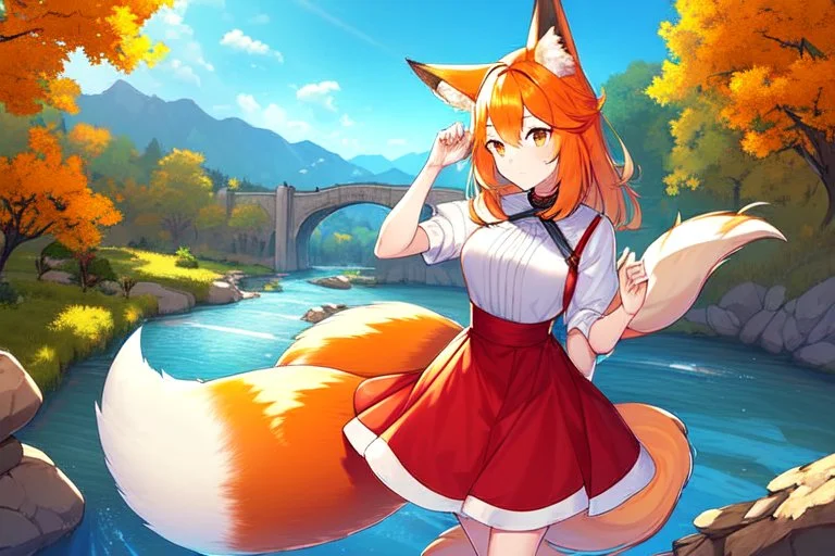 Girl, fox ears, one big fox tail, orange hair, red skirt, river, fox foot