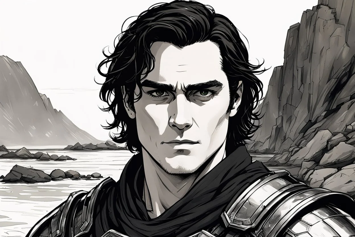 A portrait of Joaquin Phoenix in his early 30s, long beachy haircut, black hair, on a rocky island, in ebony armor from Skyrim, melancholic and dangerous facial expression, half-smiling, drawn in the style of ink manga sketch