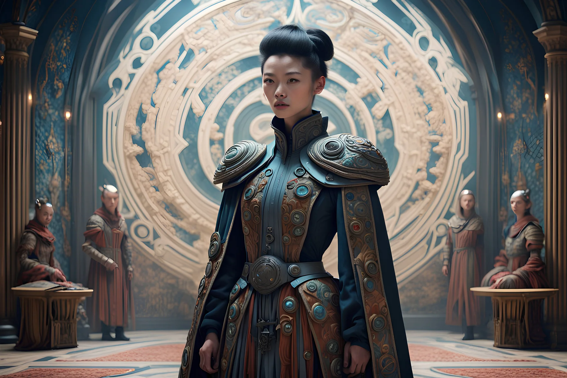 4K Xue Wang style, young futuristic Parcival, Avant-garde futuristic Medieval cyber fashion, talks to Camelot Council, Austrian Symbolism, arcane atmosphere, tufting tapestry Art, by Mario Bava movie