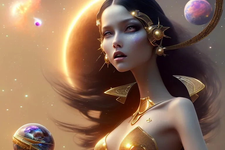  beautiful cosmic woman, long black hair, nice smiling, magic glamour make up, delicate colors, beautiful glamour galactique dress, ultra sharp focus, 8k, unreal engine 5, extremely sharp detail, light effect, soft light atmosphere of a spaceship, smooth, full of details, face in front, complete vision of face and hair and body