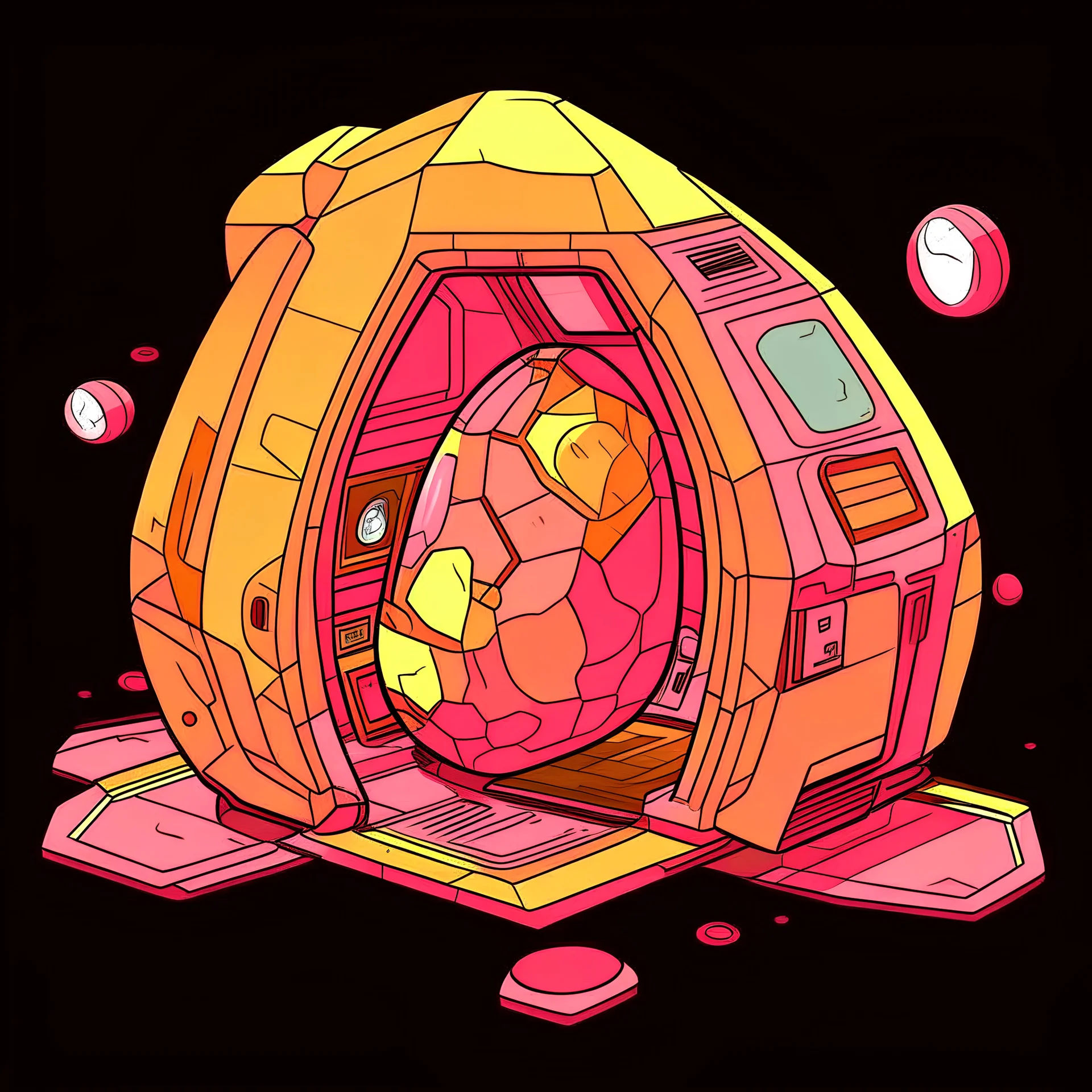 Inside a space station cartoon, yellow, pink and orange