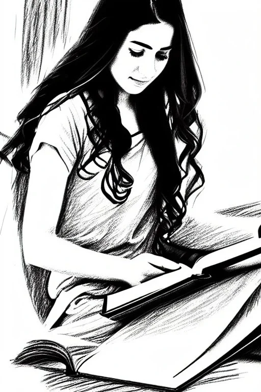 Pencil sketch of Young woman, Arab features,sad, long wavy hair, reading a book, full body، on lined paper