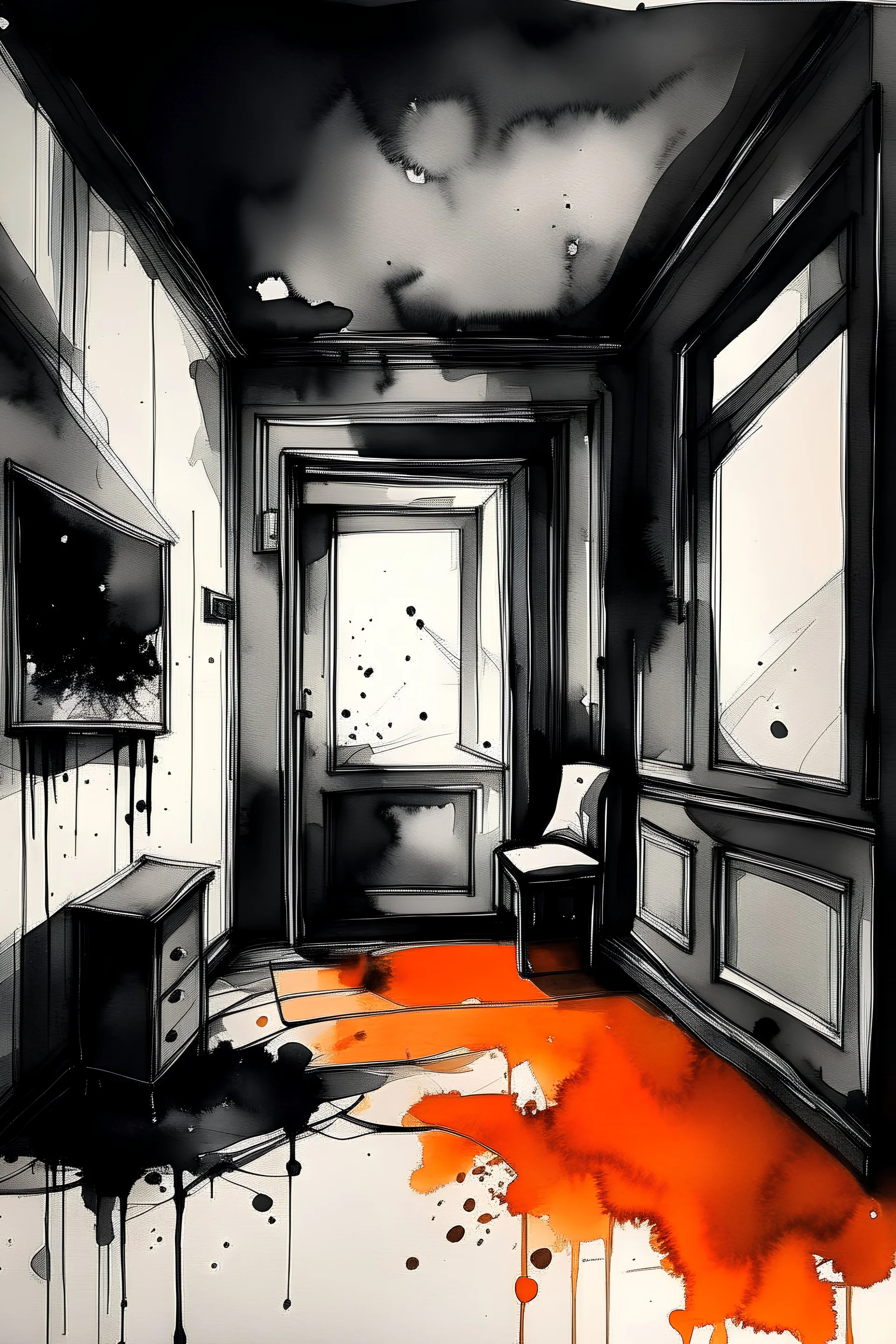 Watercolor black and white with orange little dark room