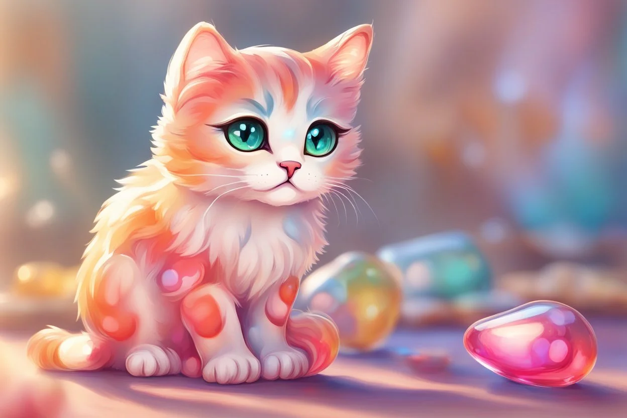 Cute chibi colourful Glass cat in style of Mariya Markina, digital painting; fantasy; very attractive; beautiful; high detail; cinematic postprocessing; acrylic art in sunshine