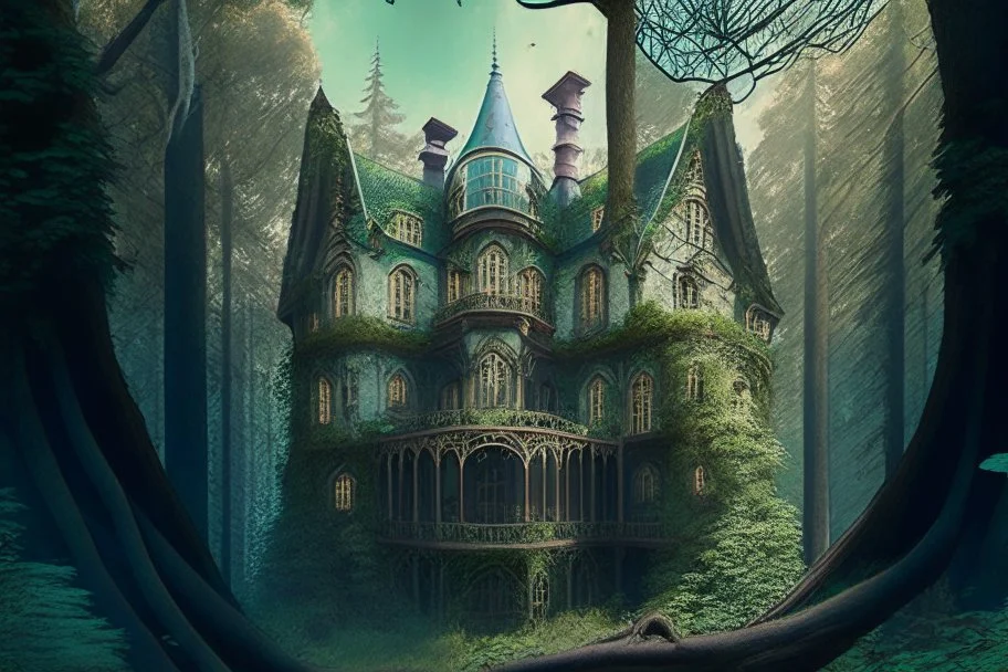 fantasy victorian house surrounded by forest, perspective from below