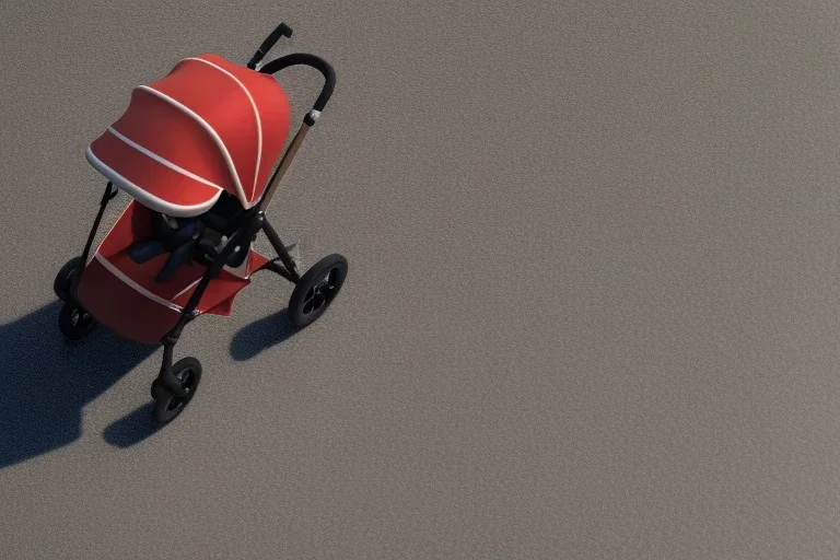 a telephoto Close-up shot of a pram on a sidewalk which contains a baby that looks like a young Donald Trump