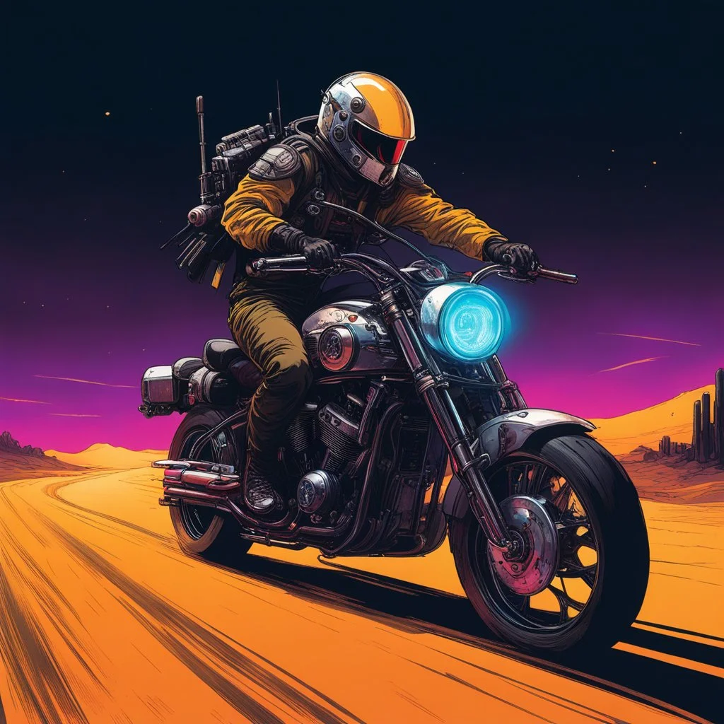 [speedy sci-fi concept design by Dorohedoro] Jesus Christ rides a flashy cyberpunk style motorcycle with big engine and lights in the dark, across the desert