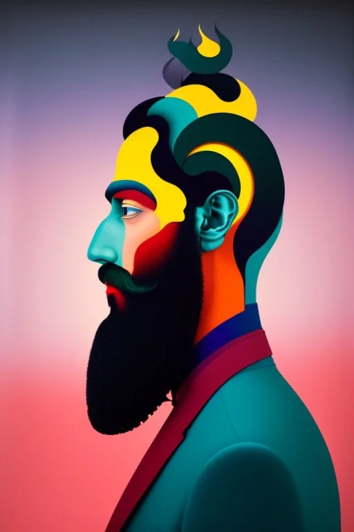 poetical, surreal minimalistic artwork, a 40 years old man with a huge beard filled with coloured musical notes, side light, side view, photorealistic, a painture in the style of Max Ernst, Renè Magritte,