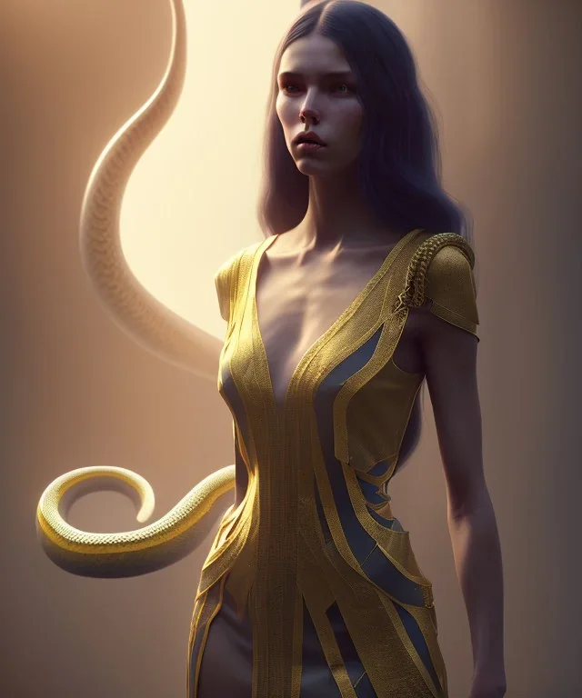 Santa Marta, beautiful, long fabric dress, beautiful long black hair to the waist, snake around body, head and shoulders portrait, 8k resolution concept art portrait by Greg Rutkowski, Unreal Engine 5 volumetric lighting