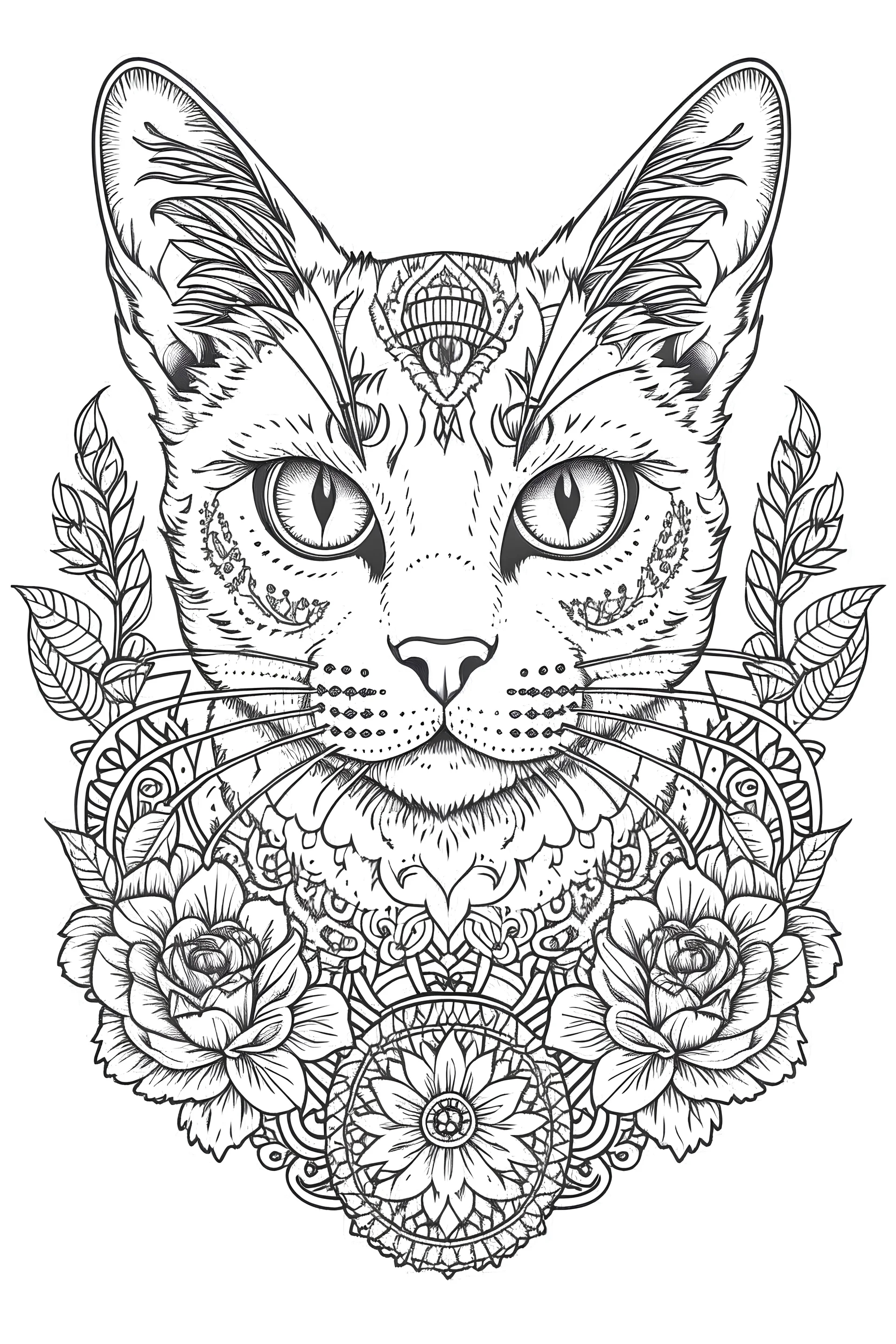 cat Tattoo coloring book page, white background, Sketch style, only use outline, cartoon style, line art.