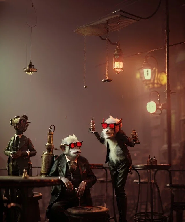 steampunk cabaret scene. old man. little monster monkey, Sunglasses, rain, smoking, happy, hot. Many people background, highly detailed, concept art, unreal engine 5, god rays, ray tracing, RTX, lumen lighting, ultra detail, volumetric lighting, 3d, finely drawn, high definition, high resolution.