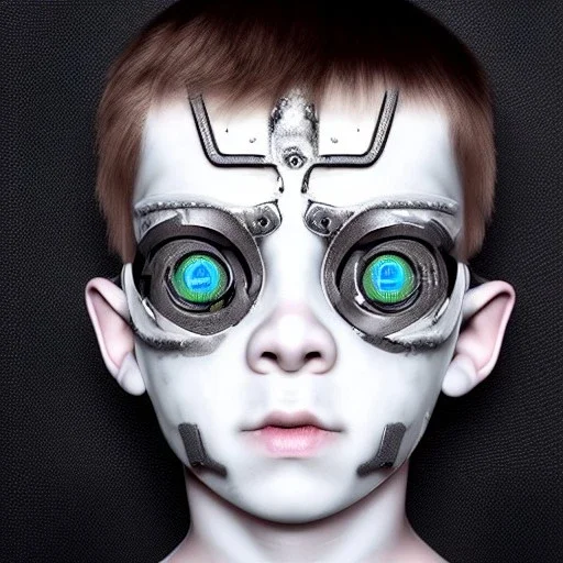 cyborg boy, cute, beautiful, neon eyes, metal face, white skin,8k