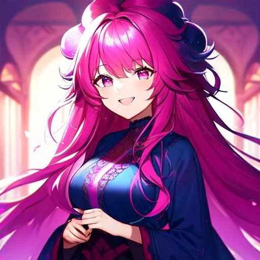 girl, masterpiece, best quality, volumetric lighting, detailed outfit, perfect eyes, fuchsia hair, fuchsia eyes, long hair, laughing, messy hair,