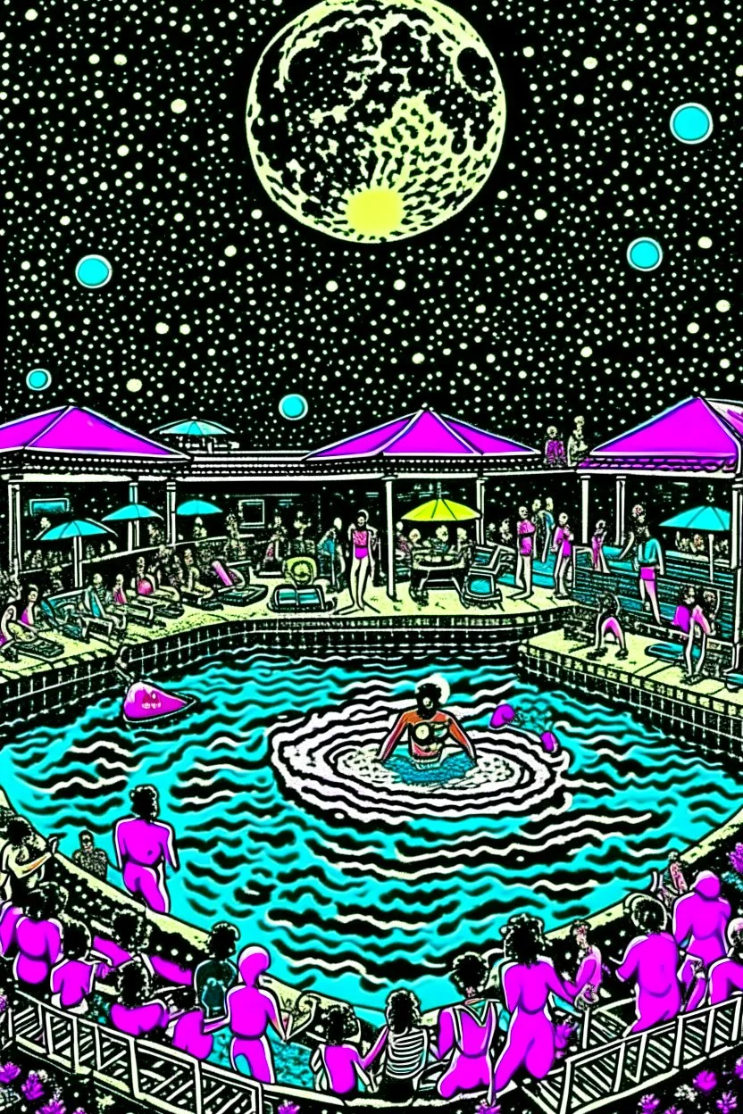 techno rave party in 80's with swimming pool on the moon full